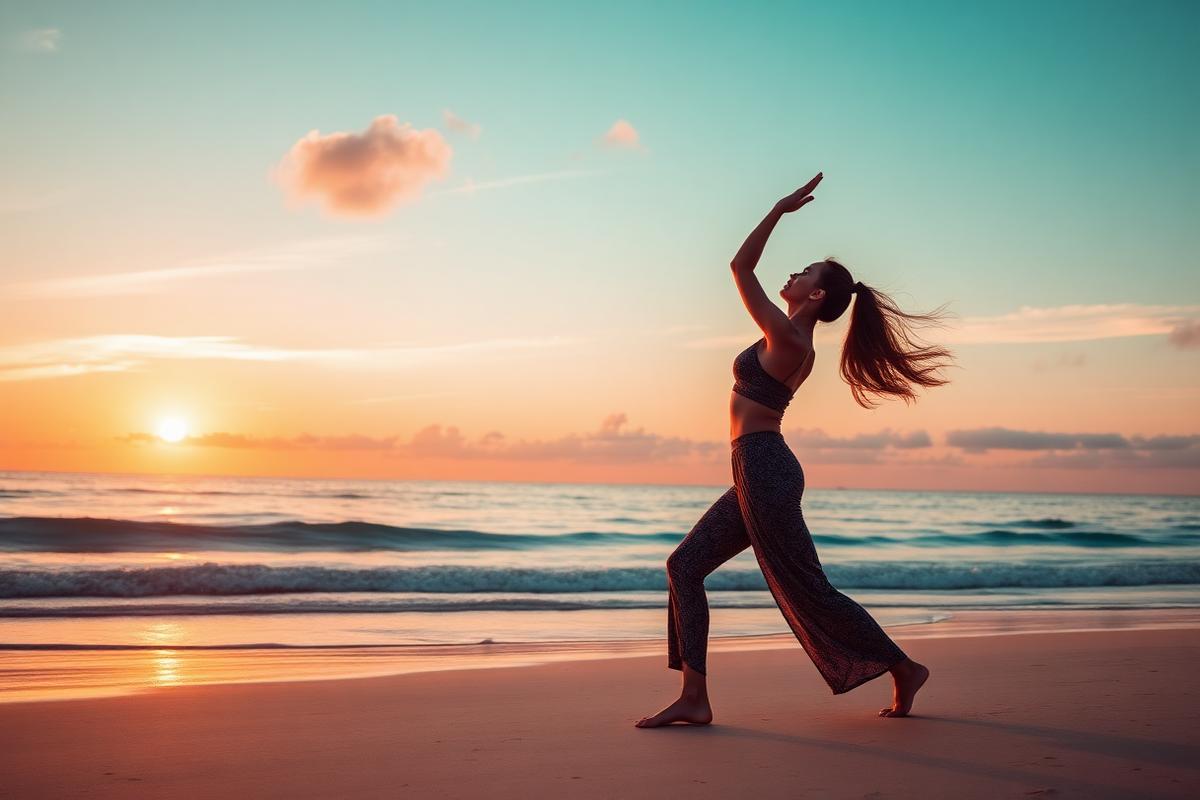 Жінка практикує йогу на природі при сході сонця